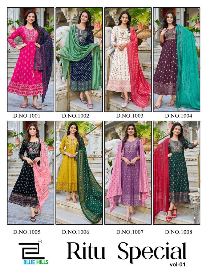 Ritu Special Vol 1 By Blue Hills Rayon Anarkali Kurtis With Dupatta Wholesale Online
